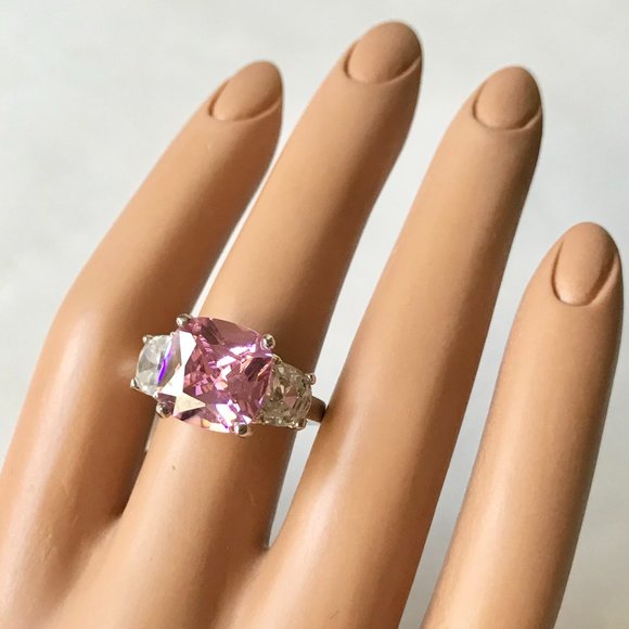 Silver Pink Cubic Zirconia Cocktail Ring Size 9 Plated Triplet Cushion Cut - Picture 6 of 12